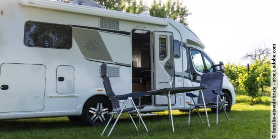 Reisemobil auf einer Wiese mit Obstbäumen